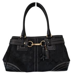 Coach Hampton Satchel Bag Purse Signature Canvas Tassel Belt Black